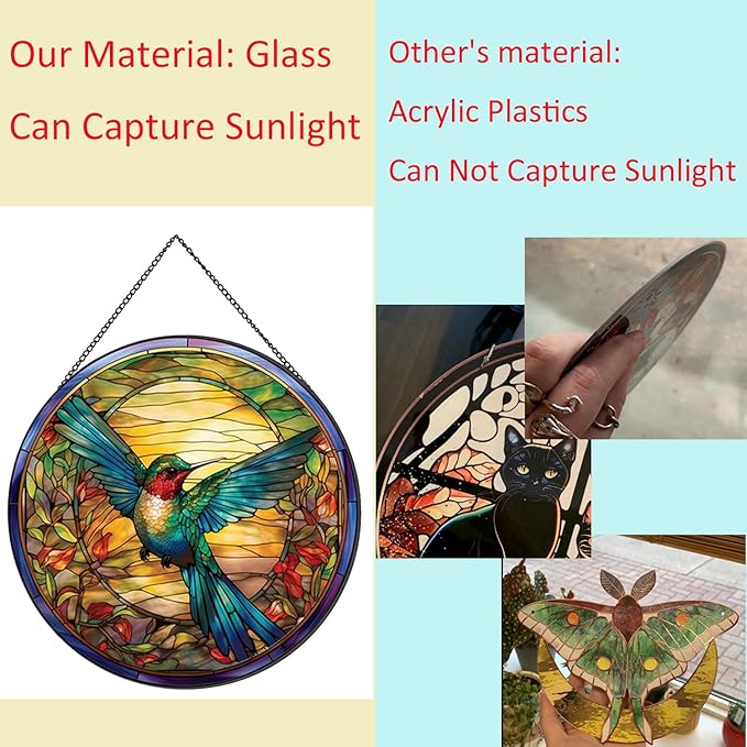 Hummingbirds Pattern Stained Glass Suncatchers for Windows,Hanging Stained Glass Suncatcher,20cm/7.87inch Hand-Painted Sun Catcher Garden Hangings Painted Glass Panel Decor Themed Gift