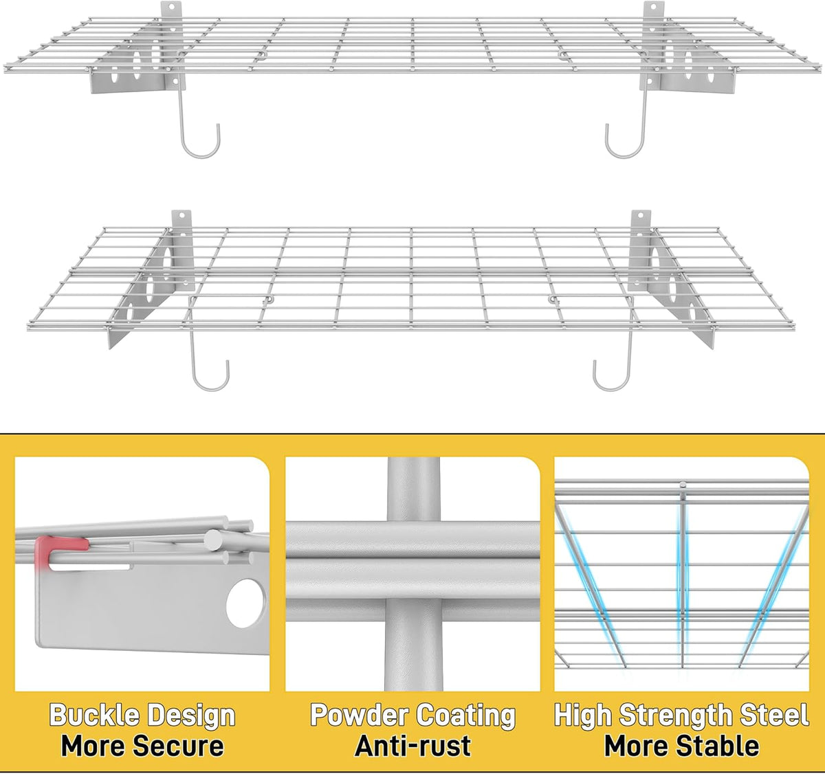 Ultrawall Garage Wall Shelves, 2 x 4 ft Wall Mounted Storage Shelves, Heavy Duty Wall Shelving with Hooks, Holds Up to 220 Lbs, 2Pack, White