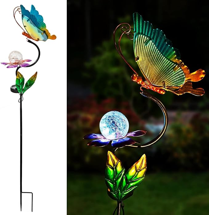 HONGLAND Solar Butterfly Garden Lights, Outdoor Lights Garden Decor for Outside, Flower Yard Decorations, Metal Yard Art for Patio Decor, Gifts for Mom