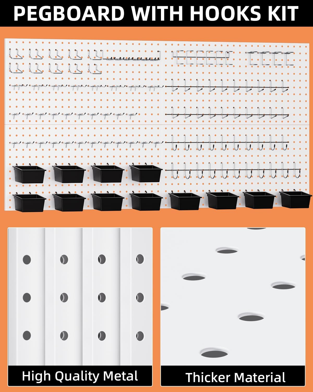 INCLY 158PCS Metal Pegboard Wall Organizer, 48x24 Inch White Pegboard Panels Tool Organizer Kit with Accessories Hooks and Bins, Peg Board Utility Tool Storage for Garage Workbench Shed