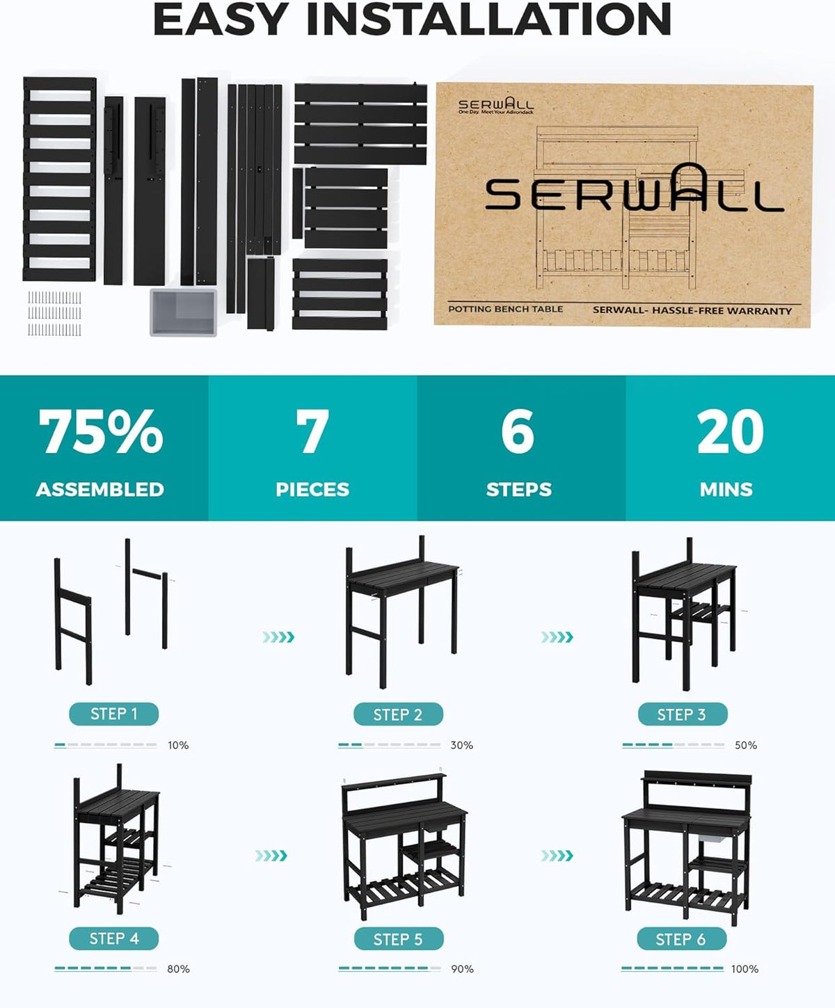 SERWALL Outdoor Potting Bench Potting Table with Sink, HDPE Potting Benches with Storage for Outside Gardening Table All Weather Use- Black