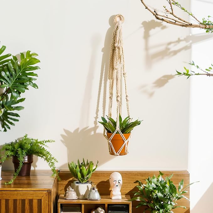Artilady Plant Hanger Indoor Macrame Hanging Planters for Plants Holder Boho White Basket No Tassels Farmhouse Rustic Window Wall Decor