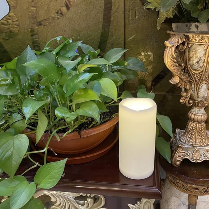 CANDLE CHOICE Outdoor Waterproof Battery Operated Flameless Candle Remote Timer Large Tall White Plastic Bright Flickering Electric LED Pillar for Lantern Patio Wedding Party Decorations 4”(D) x8”(H)