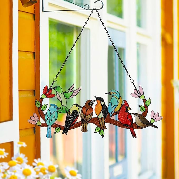 Huray Rayho Birds On Branch Stained Glass Suncatcher Cardinal Hummingbird Kingfisher Double Side Glass Panel Window Hanging Decor Bird Ornament Bird Lover Gift for Mom Grandma