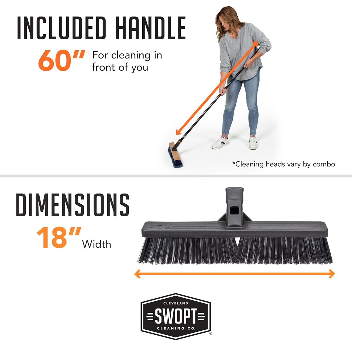 SWOPT 18” Multi-Surface Push Broom + 60" Steel Handle, Standard Combo — Cleaning Head with Interchangeable Long Handle, Works with All SWOPT Cleaning Products — Indoor & Outdoor Push Broom Set, Black