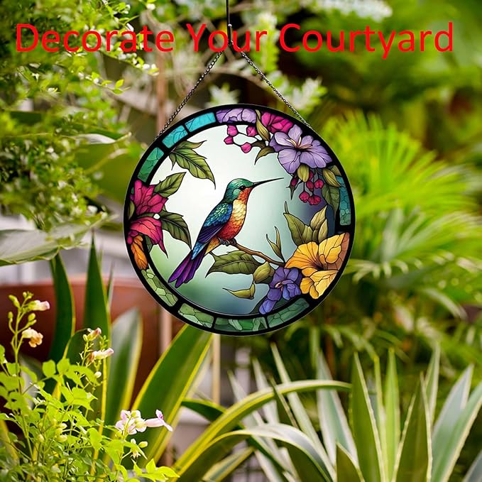 Hummingbirds and Flowers Pattern Hanging Stained Glass Suncatcher,Stained Glass Suncatchers for Windows,20cm/7.87inch Hand-Painted Sun Catcher Garden Painted Glass Panel Decor Themed Gift