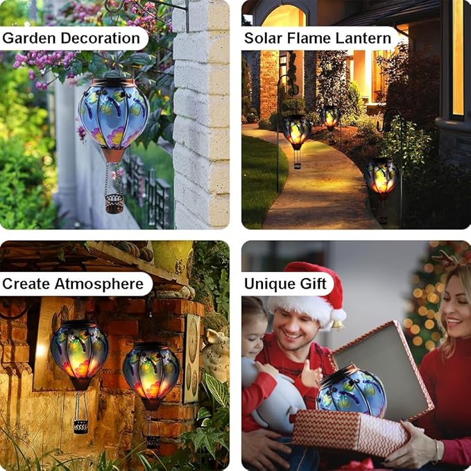 Hot Air Balloon Solar Lantern with Flickering Flame, Glass Hanging Garden Lights Outdoor Waterproof for Tree Yard Patio Mother's Day Gift, 18" H Dragonfly