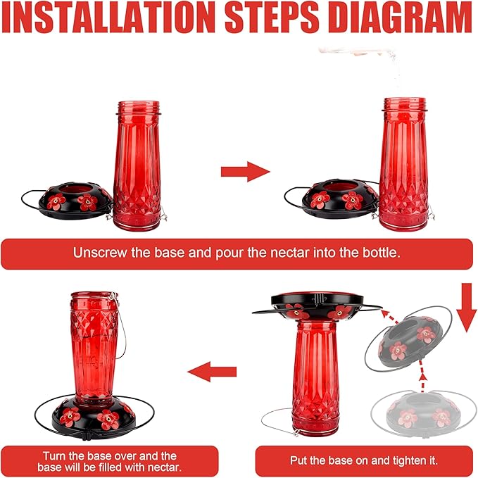 Hummingbird Feeder-16 Ounces,6 Feeding Ports Glass Hummingbird feeders for Outdoors,Wide Mouth for Easy Filling/Cleaning,Hanging for Garden Backyard Decor, Includes Ant Moat (Red)