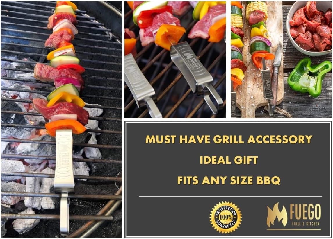 Fuego Skewers for Grilling - 17" Stainless Steel Flat Blade with Push Slider | Reusable & Dishwasher Safe | BBQ Skewers and Shish Kabob | Set of 8