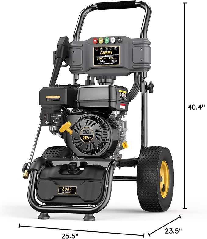 BLUBERY 3500 PSI Gas Pressure Washer, 2.6 GPM Heavy Duty High Power Washer, 30Ft Pressure Hose&Soap Tank,5 Pressure Nozzles,Black