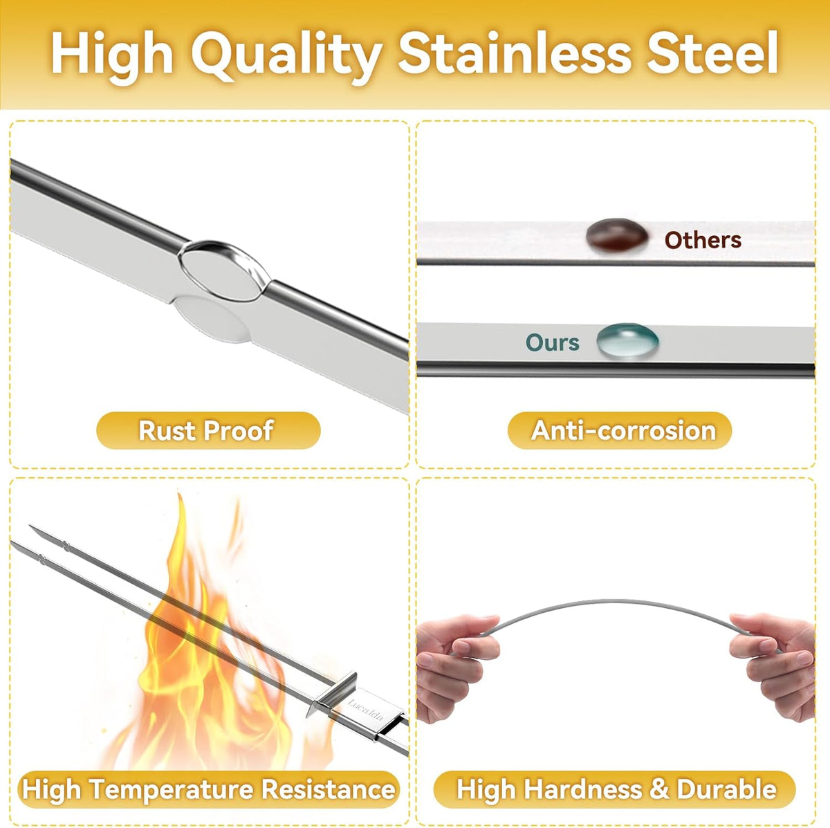 Skewers for Grilling, 17" (10 Pcs) Wooden Handle Double Pronged Stainless Steel Flat Kabob Skewers with Push Bar, Reusable Long Metal Skewer Sticks for Meat Chicken Vegetable, BBQ Accessories