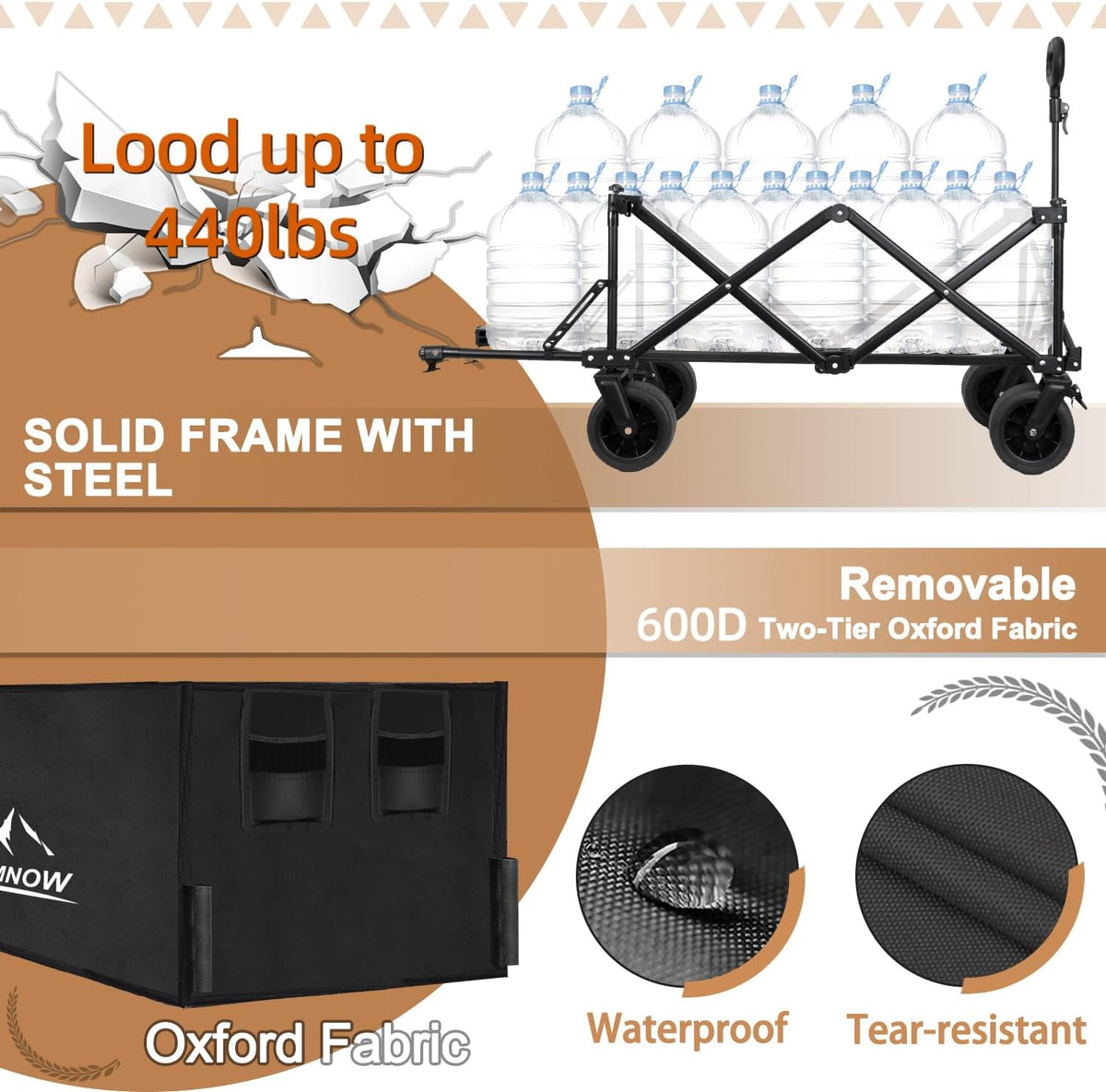 Collapsible Beach Wagon Cart with Big Wheels, 440LBS Upgrade Large Capacity Folding Wagon, Foldable Grocery Cart with Side Pocket and Brakes, Ideal for Sand Camping Outdoor Garden Sports, Black