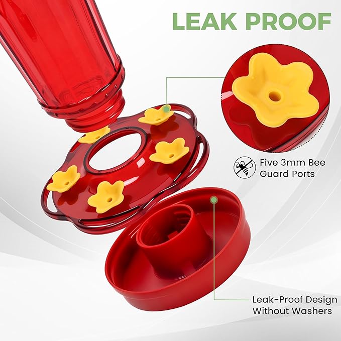 Hummingbird Feeder 2pack-14Ounces,5 Feeding Ports Glass Hummingbird feeders for Outdoors,Wide Mouth for Easy Filling/Cleaning,Hanging for Garden Backyard Decor, Includes Ant Moat (Red)