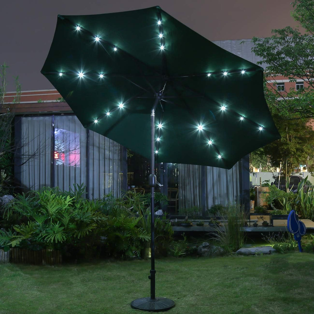 Sunnyglade 9' Solar LED Lighted Patio Umbrella with 8 Ribs/Tilt Adjustment and Crank Lift System (Dark Green)