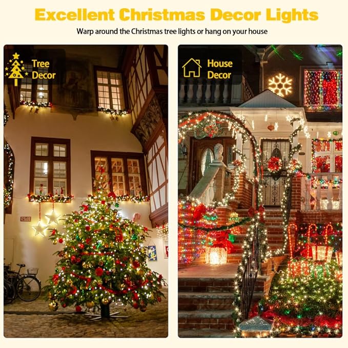 2 Pack 200 LED Solar String Lights for Outside, Solar Christmas Lights Outdoor Waterproof, Solar Outdoor String Light with 8 Lighting Modes for Xmas Tree Wedding Party Garden Decorations (Warm White)