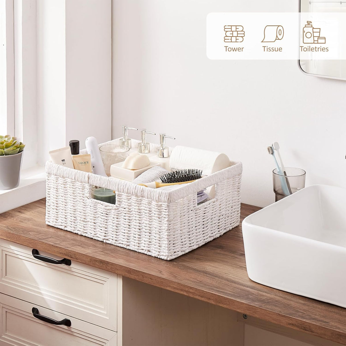OIAHOMY Wicker Basket, Paper Shelf Basket with Built-in Handles, Rectangular Wicker Storage Bin for Pantry, Shelves, 1 Pack-White