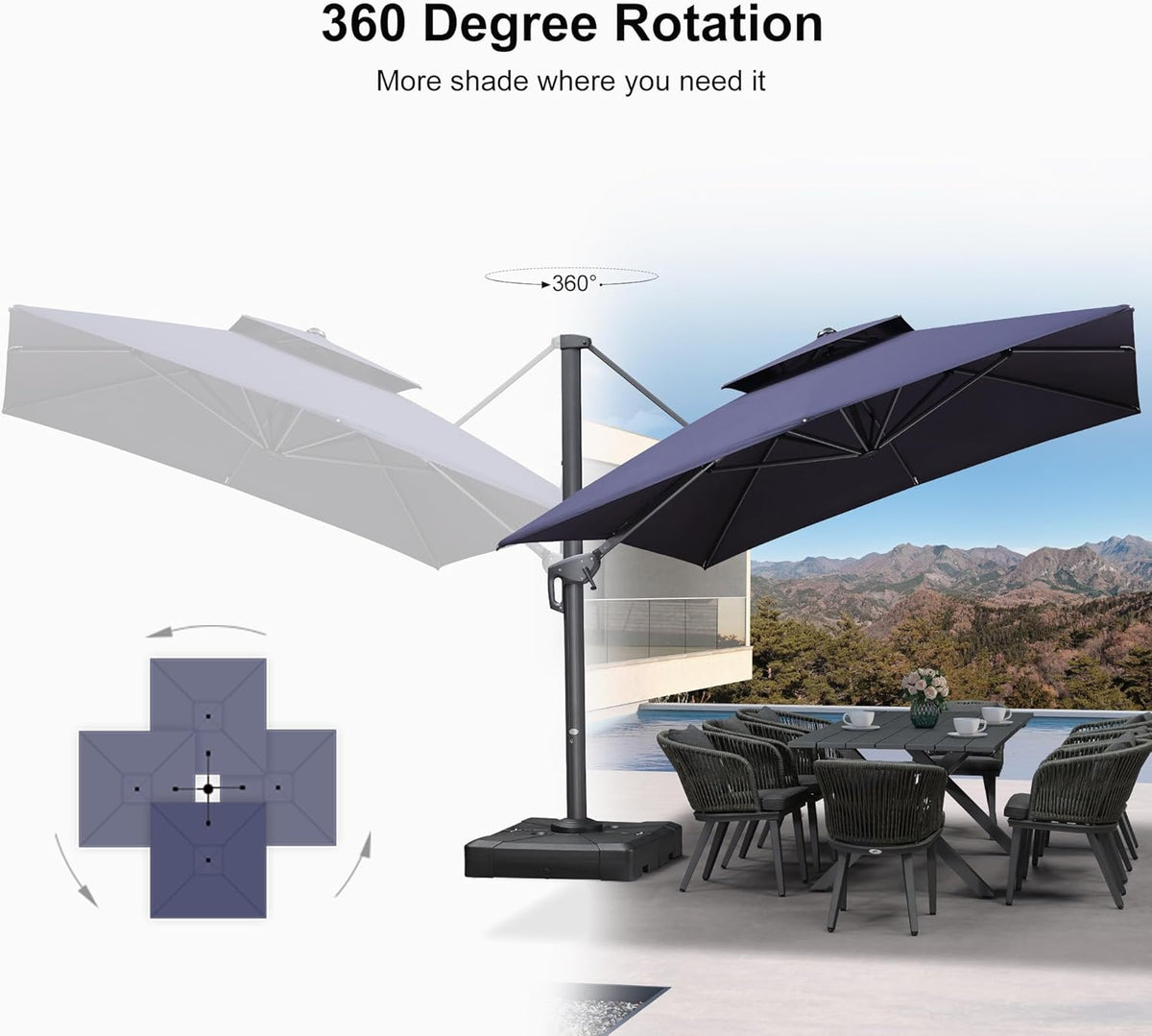 PURPLE LEAF 10' X 13' Cantilever Outdoor Umbrellas Large Patio Umbrella Hanging Double Top Rectangle Offset Umbrella with 360°Rotation Tilting Umbrella Outdoor Patio Navy Blue