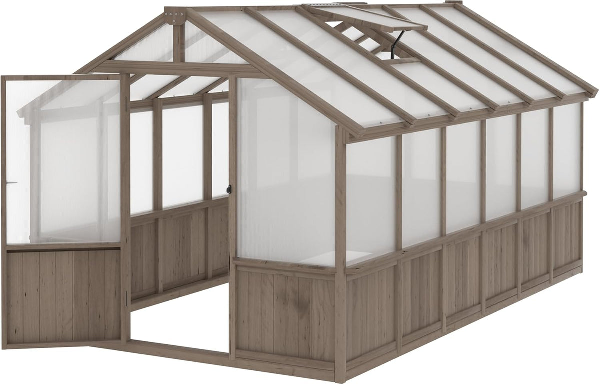 MUPATER 8' x 12' Outdoors Walk-in Greenhouse, Wood Greenhouse with Ventilated Window and Lockable Door, 6mm Polycarbonate Panels for UV Protection and Heat Insulation,Suitable for Patio, Backyard