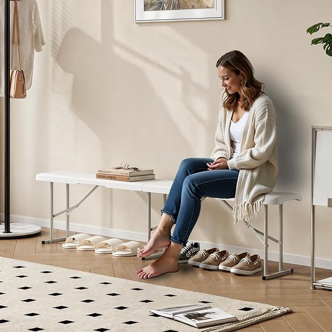 6ft HDPE Folding Bench, Foldable Seat with Sturdy Frame and Security Lock for Indoor and Outdoor, Multipurpose Entertaining Activities, Portable and Easy to Store, 2 Pack, White