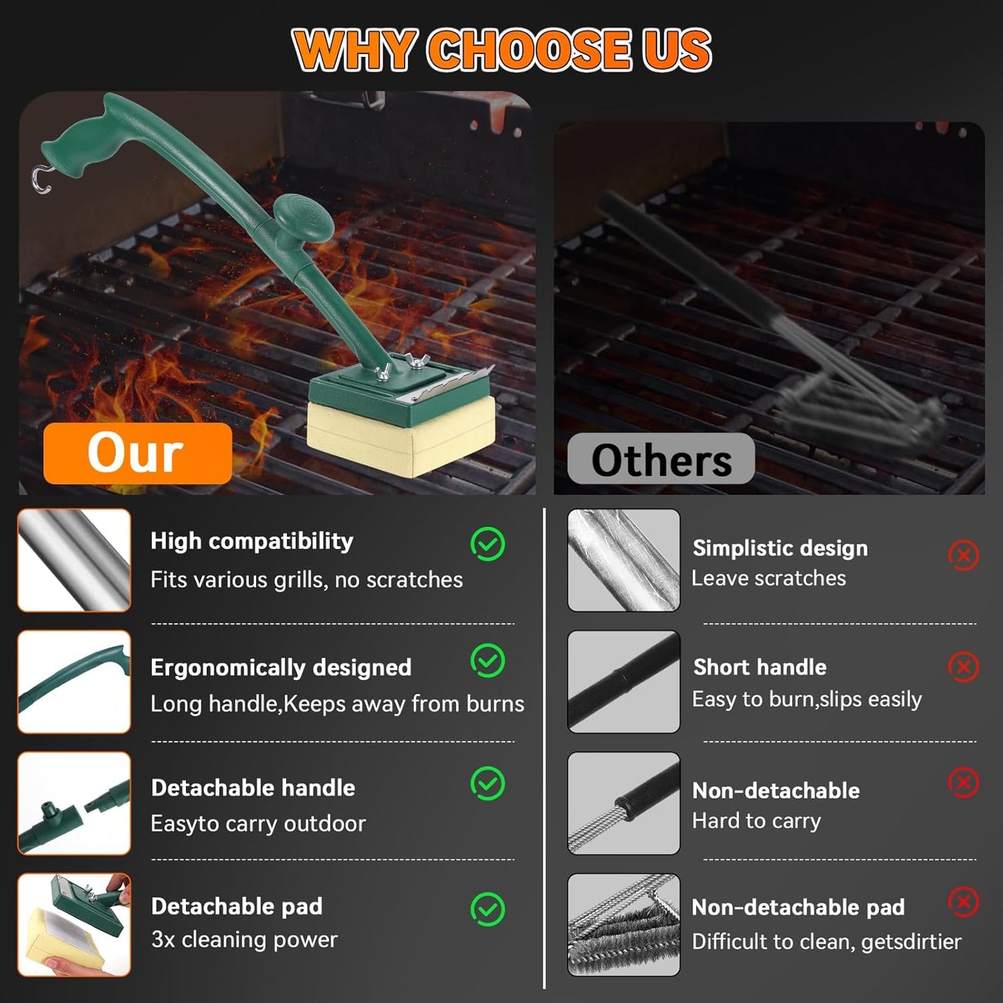 Grill Brush Bristle Free with Scraper,22" Extra Long Steam Grill Brush for Outdoor Grill,Replaceable Cleaning Head,Safe Grill Cleaner for Cast Iron/Stainless-Steel Grates,Ideal BBQ Gifts for Men Dad