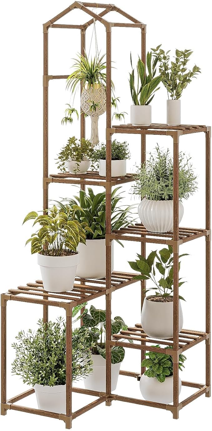 Bamworld Corner Plant Stand Indoor Tall Plant Shelf Outdoor Wood Plant Table for Multiple Plants Hanging Plant Rack for Window Garden Balcony Living Room