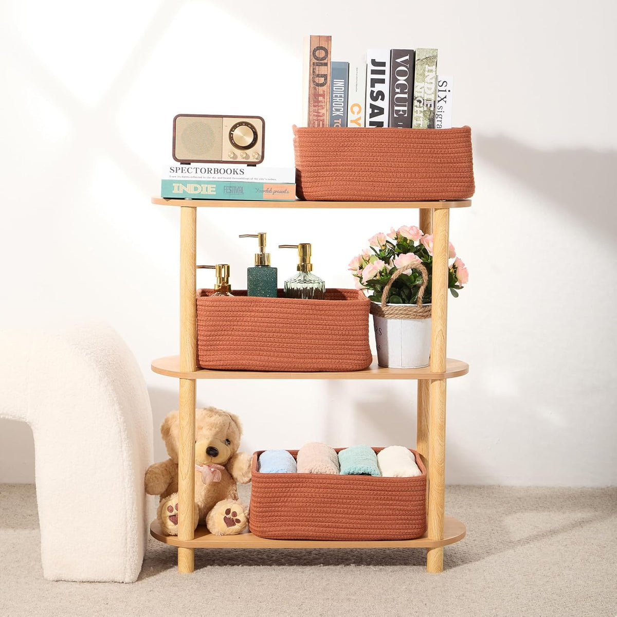 Small Storage Baskets for Organizing | Closet Organizer Bins | Shelf Toy Basket | Woven Rope Baskets | Cube Decorative Box | Shallow Basket | 13x8.5x5.1” | 4 Packs Oxide Red