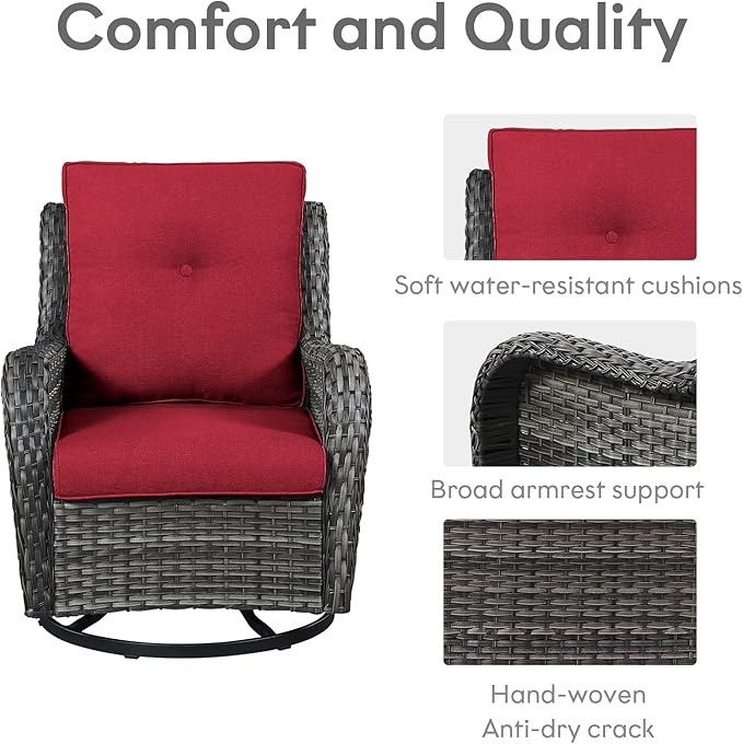 5 Piece Outdoor Patio Furniture Set - Wicker Furniture Patio Conversation Set, Outdoor Swivel Rocker Chairs with 3-Seater Sofa and 2 Ottomans for Small Space, Red Cushion