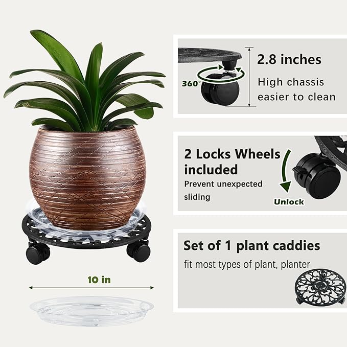 11 Inch Rolling Plant Stand with Wheels Wrought Iron Rolling Plant Stand with Casters Heavy Duty for Indoor Plants Rollers with Plant Saucers, Metal Round Plant Dolly 1 Pack