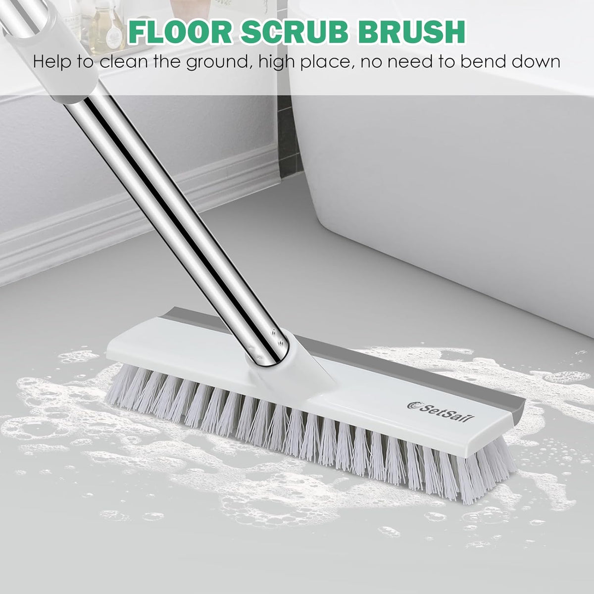 SetSail Floor Scrub Brush with 51-Inch Long Adjustable Handle 2 in 1 Scrape Brush Stiff Bristle Floor Scrubber for Cleaning Shower Bathroom Garage Kitchen Wall Deck Tub Tile,White