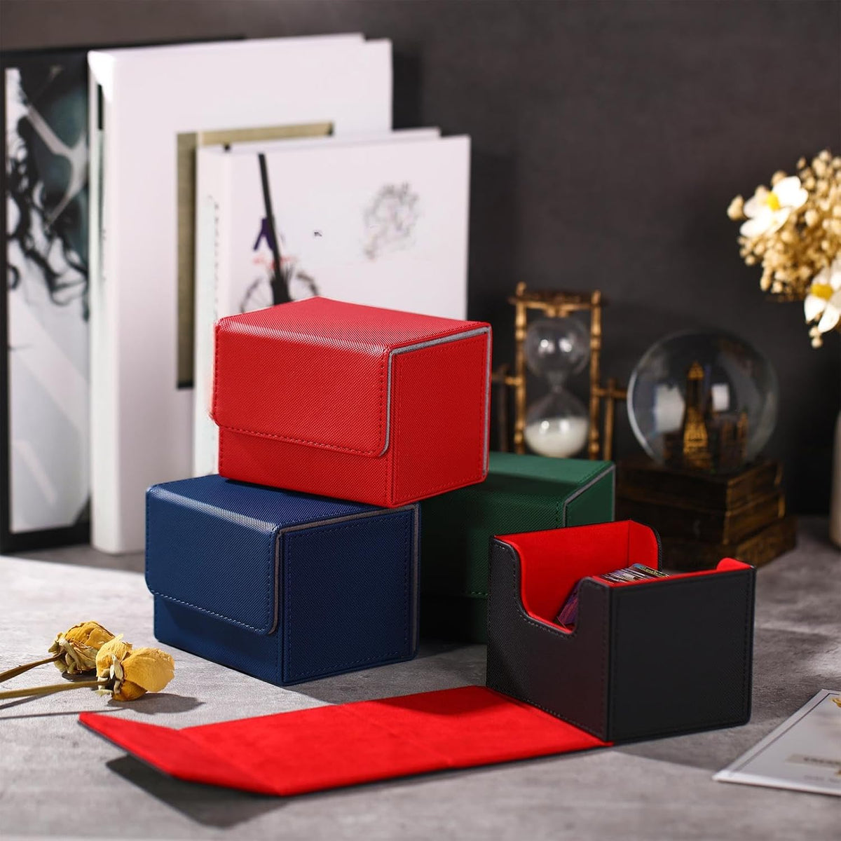 Yookeer 4 Pieces Leather Deck Card Boxes Cards Deck Game Box for Collectible Playing Card Box Compatible with MTG Commander(Black, Green, Red, Blue,Horizontal)