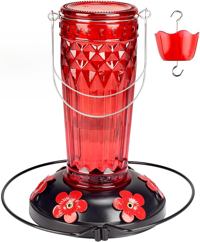 Hummingbird Feeder-16 Ounces,6 Feeding Ports Glass Hummingbird feeders for Outdoors,Wide Mouth for Easy Filling/Cleaning,Hanging for Garden Backyard Decor, Includes Ant Moat (Red)