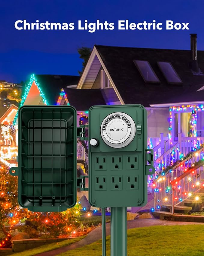 BN-LINK 24 Hour Mechanical Outdoor Multi Socket 6 Outlet Garden Power Stake with 6ft Cords, Outdoor Timer for Christmas Lights, ETL Listed, 125V, 15A/1875W
