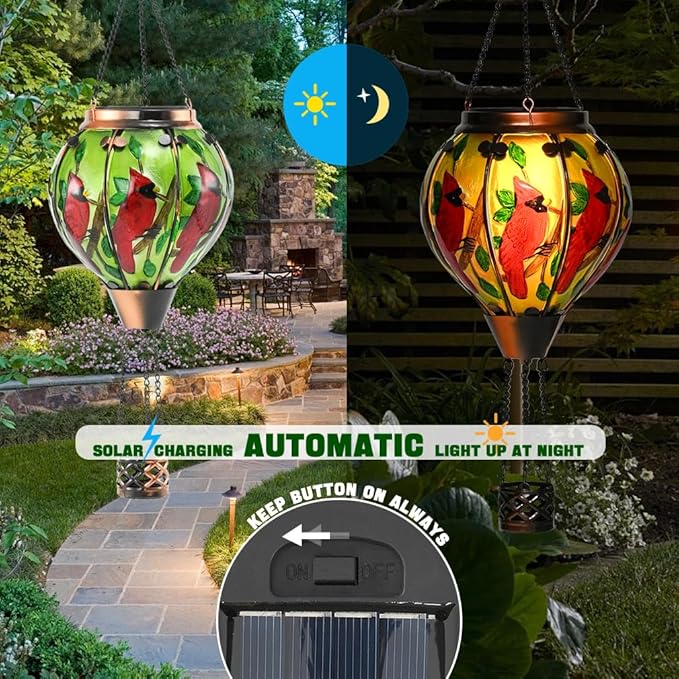 Hot Air Balloon Solar Lantern - Cardinal Bird Glass Lantern with Simulated Flickering Flame, Outdoor Hanging Yard Light Waterproof IP65 & Weather Resistant for Garden Patio Lawn Porch Decor Gfit