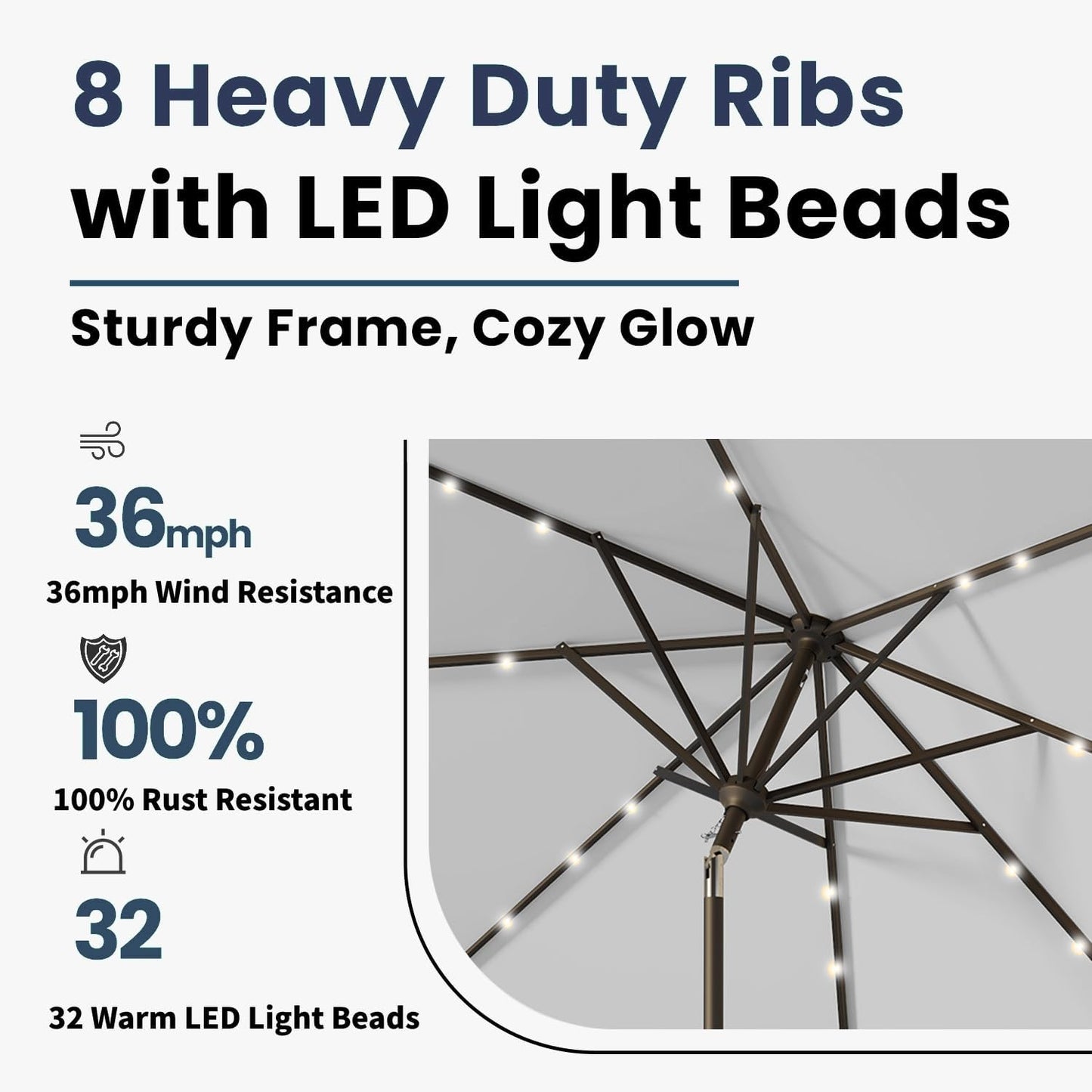 10FT Solar Umbrella 32 LED Lighted Patio Umbrella Table Market Umbrella w/Tilt and Crank, UV-Resistant Outdoor Umbrella for Pool, Garden, Deck, Light Gray