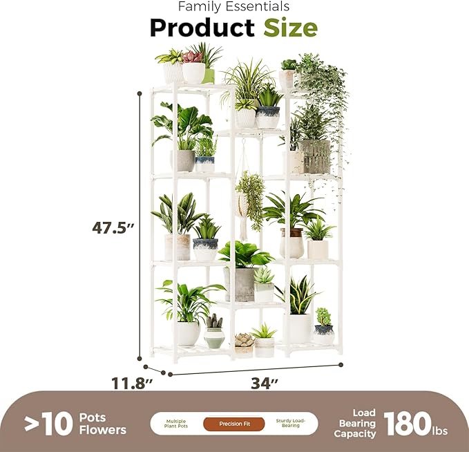 Bamworld White Plant Stand Indoor Plant Shelf Outdoor Wood Plant Rack for Multiple Plants 3 Tiers Ladder Plant Holder for 7 Plant Pots for Living Room Boho Home Decor for Gardening