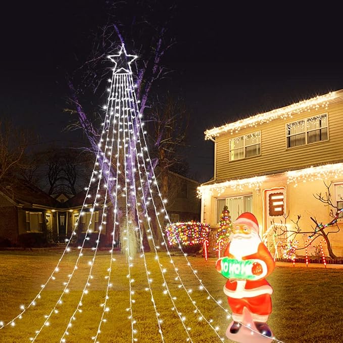 Christmas Decoration Lights, Outdoor Christmas String Lights 320 LED 11.5 Ft Waterfall Tree Lights with Big Star Topper 8 Light Modes for Christmas New Year Holiday Garden Yard Indoor Outdoor Decor