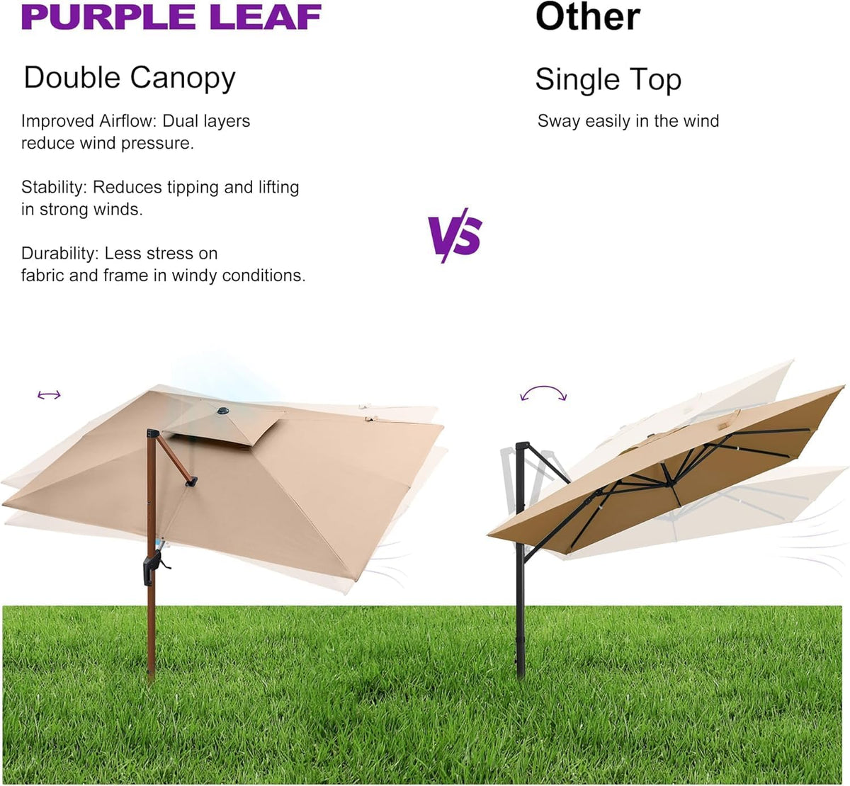 PURPLE LEAF 11' X 11' Patio Umbrella Cantilever Outdoor Umbrellas Square Large Parasol Windproof Sunshade Heavy Duty Sun Umbrellas for Deck Pool Patio Garden, Beige