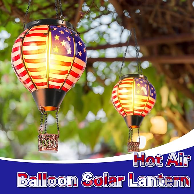 2 Pcs 20 Inch Flag Hot Air Balloon Hanging Solar Lantern Outdoor Garden Decor Waterproof Hot Air Balloon Flame Lantern for Lawn Porch Yard