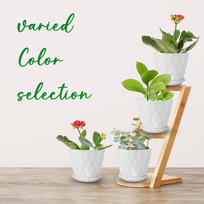 4 inch Plant Pots, 5 Pack Flower Pots Outdoor Indoor, Planters with Drainage Holes and Tray Saucers(White)