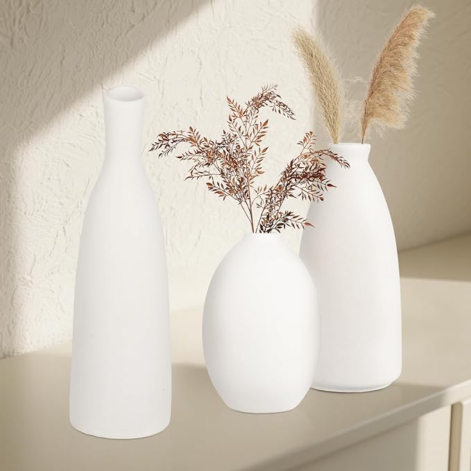 Ceramic Vase Set of 3, Small Flower Vase for Home Decor, Decorative Vases for Pampas Grass & Dried Flowers, Living Room, Bedroom, Bathroom, Shelf Centerpiece Table Decorations