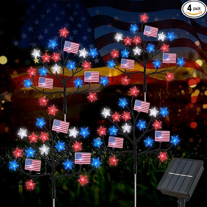 HUGSVIK 4 Packs 80LED 4th of July Decorations Outdoor, Upgraded Red White and Blue Solar Lights with Stars & American Flags, Outdoor Memorial Day Decorations Patriotic Lights for Yard Pathway Garden