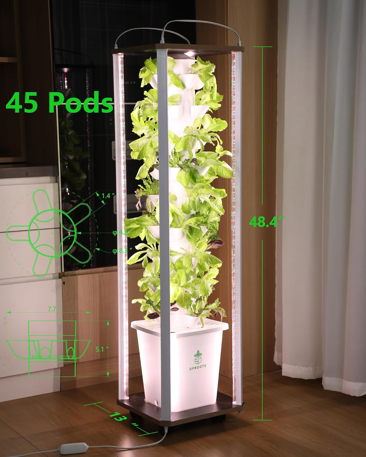 Hydroponics Tower Growing System,45 Pods Vertical Indoor Garden,360° Full-Spectrum Lights, Automatic Water Circulation System,Suitable for Leafy Greens and Herbs,Include Seed Starter Tray
