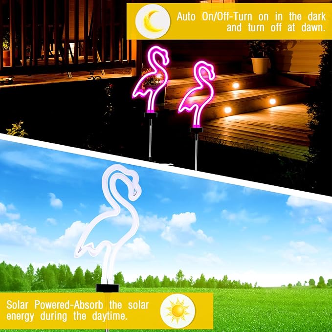Hortsun Flamingo Solar Lights Outdoor Neon Light Yard Pink Flamingo Waterproof Decorations for Garden Patio Yard Pathway Decoration(4 Pack)
