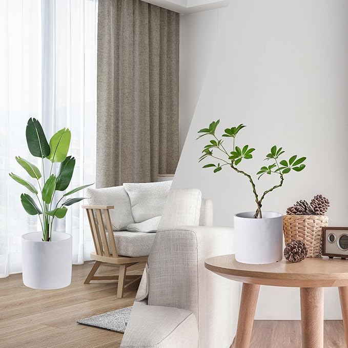 11 Inch Pot for Plants, Large Cement Planter with Drainage Hole, Mid-Century Modern Concrete Flower Pots for Home Decor, Office & Outdoor (White)