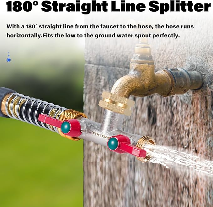 Hose Splitter, 180 Degree T Type Water Hose Splitter, Faucet Splitter 2 way 3/4" GHT Thickened Hexagonal Water Inlet with 2 More Extension Handles