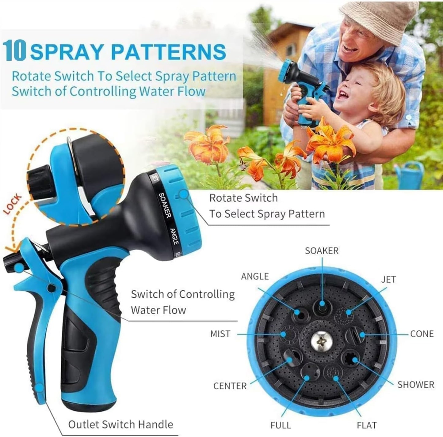 100ft Garden Hose - Water Hoses w/10 Function Spray Nozzle, 2025 New Superior Strength Flexible Hose, 3/4" Brass Connectors- Leakproof Lightweight Water Pipe for Gardening(Blue Black)