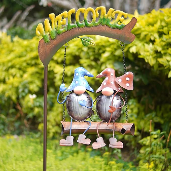 HONGLAND Solar Lights Outdoor Decor, Gnomes Swing Garden Decor, Funny Gifts for Women Mom, Gnomes Outdoor Decorations with Welcome Sign for Front Porch Patio
