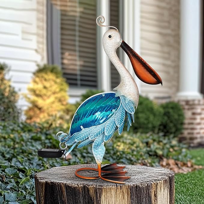 HONGLAND Solar Metal Pelican Statues Garden Sculpture & Statues, 19 Inch Glass Outdoor Pelican Yard Art Coastal Ocean Bird Decor Lawn Ornament for Backyard Porch Patio Decor(Blue)