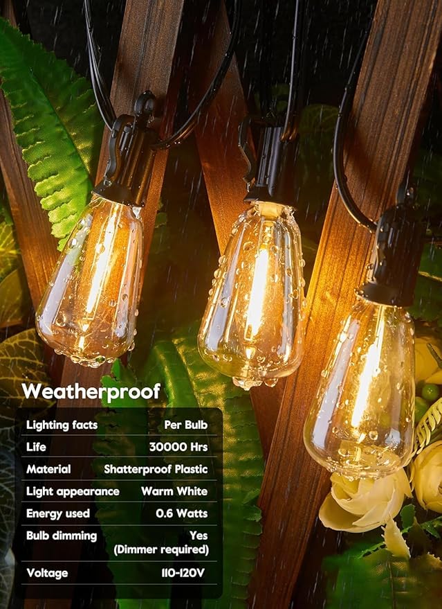 Brightown LED Outdoor String Lights 30FT for Patio with 16 Shatterproof ST38 Vintage Edison Bulbs, Waterproof Outside Hanging Lights for Backyard Deck Garden Party Xmas Decor, 2700K