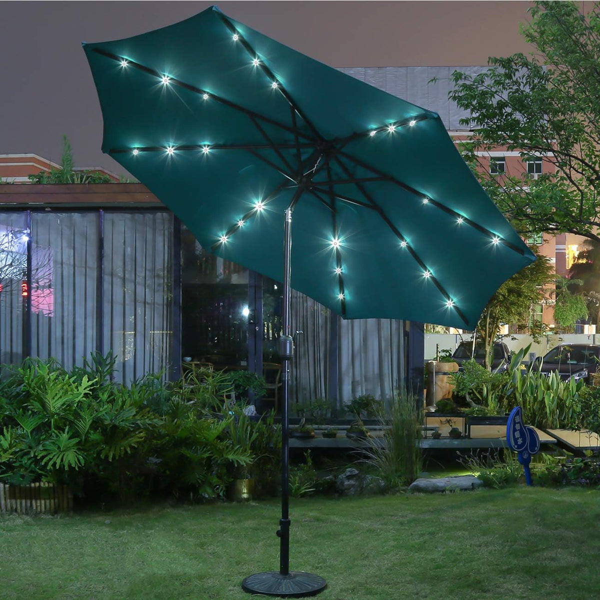Sunnyglade 9' Solar LED Lighted Patio Umbrella with 8 Ribs/Tilt Adjustment and Crank Lift System (Teal Blue)